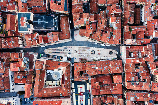Top down view of Piazza Erbe main square in the old town, Verona, Italy