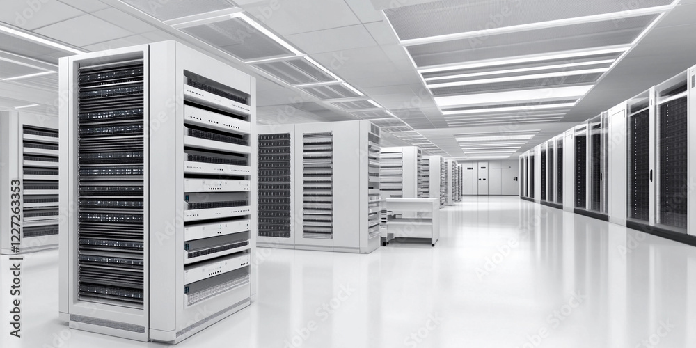 Poster Modern data center interior with multiple server racks