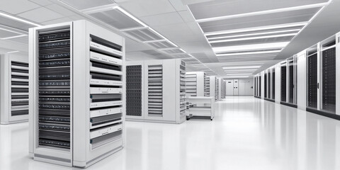 Modern data center interior with multiple server racks
