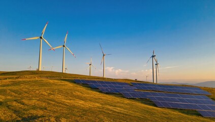 Wind turbines and solar panels working harmoniously on a hilltop, producing clean and sustainable energy while basking in the glow of a clear blue sky