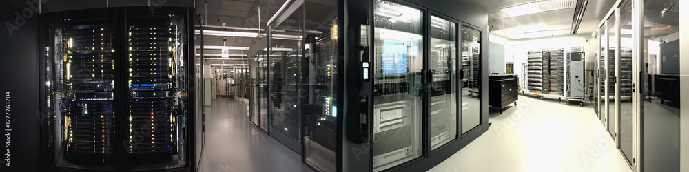 Poster Modern data center with rows of servers and equipment