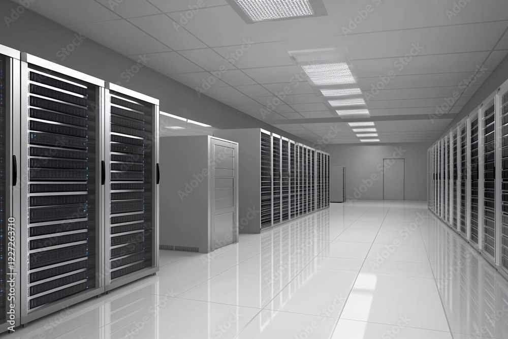 Poster server room with multiple racks in a modern facility