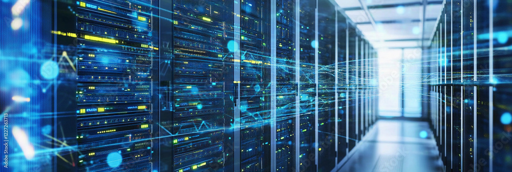 Poster data center with technology and storage equipment in use