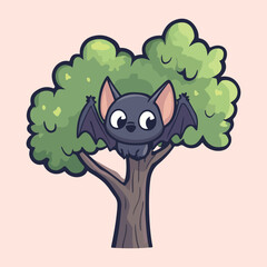 Cute cartoon bats with big eyes hanging on tree vector illustration 