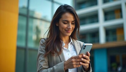 Attractive Latin business woman text messaging through mobile phone against colored, business building background