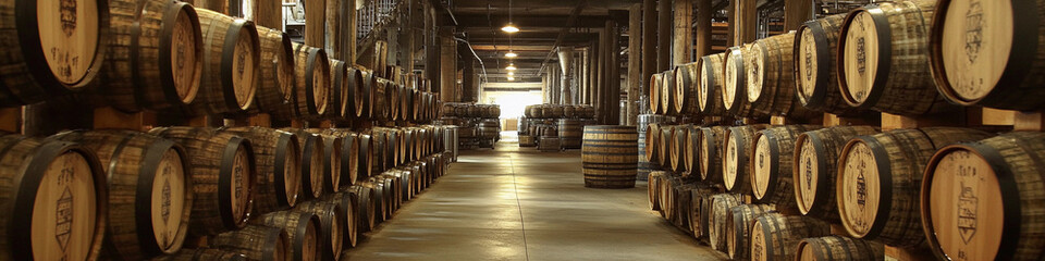 Barrels arranged in a distillery warehouse for aging spirits