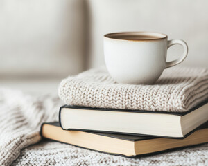 Cozy reading nook with warm blankets, books, and cup of coffee. Perfect for relaxation and enjoying good story