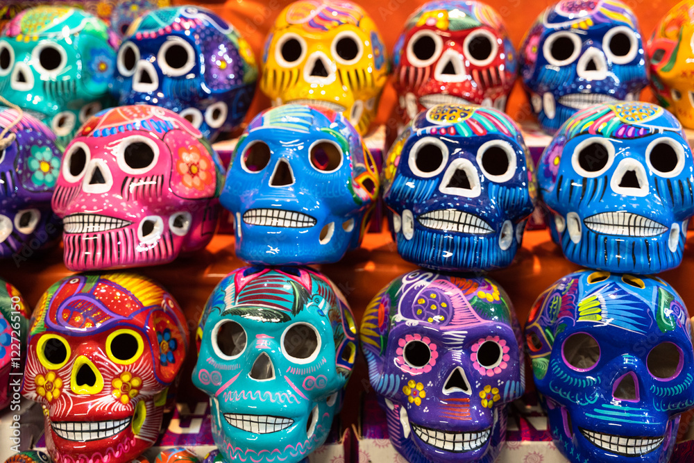 Wall mural Colorful ceramic skull figures, traditional Mexican souvenir for Day of the Dead Holiday