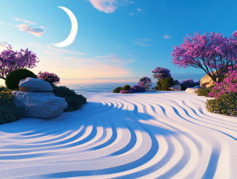 serene zen garden under moonlight, featuring soft sand patterns, vibrant pink flowers, and tranquil ocean view. scene evokes peace and harmony - Powered by Adobe