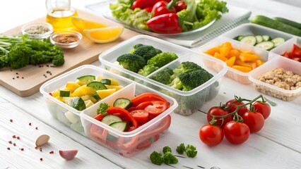 Healthy Meal Prep with Fresh Vegetables and Balanced Ingredients on a White Table

