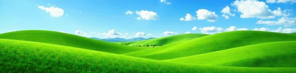 Fototapeta premium Rolling hills, vibrant green against a clear blue sky, clean, bright, countryside