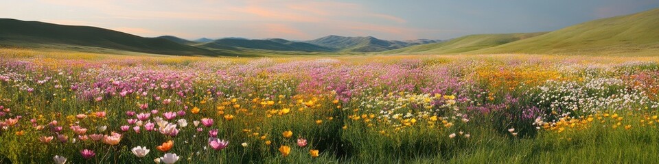 Obraz premium Expansive field of colorful wildflowers across rolling hills at sunset