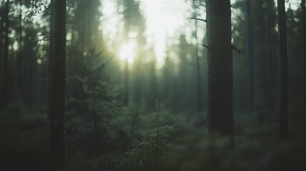 Fototapeta premium Tranquil forest bathed in soft sunlight, earthy tones blending harmoniously, evoking peace and natural serenity.