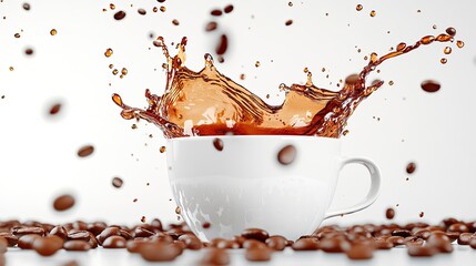 Cup of coffee and splash of coffee beans heart. Selective focus.