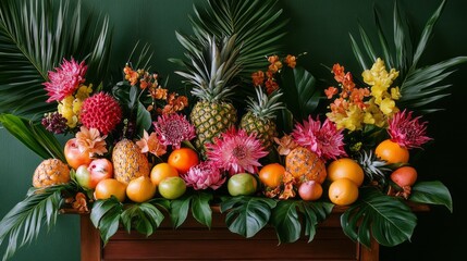 A table full of fruits and flowers with a green background