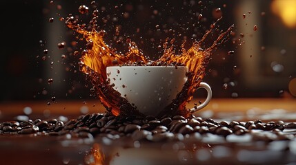 Cup of coffee and splash of coffee beans heart. Selective focus.