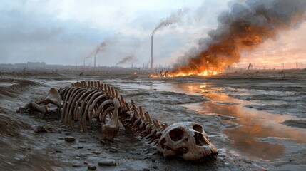 Dinosaur skeleton on barren muddy landscape with industrial fire in the background