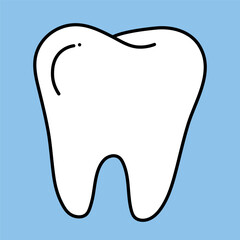 White tooth with black outline hand drawn on blue background, flat style