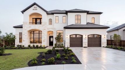 Luxury suburban home, twilight view, landscaped yard, driveway