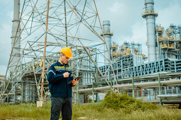 Engineer conducts inspection at industrial facility during daylight in a power generation plant