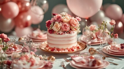 Romantic Rose-Gold Valentine's Day Party Table with Floral Decor and Birthday Cake Centerpiece