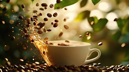 Cup of coffee and splash of coffee beans heart. Selective focus.