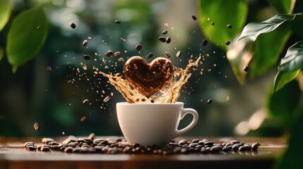 Cup of coffee and splash of coffee beans heart. Selective focus.