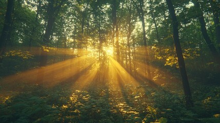 Obraz premium Sunbeams Illuminate a Lush Green Forest