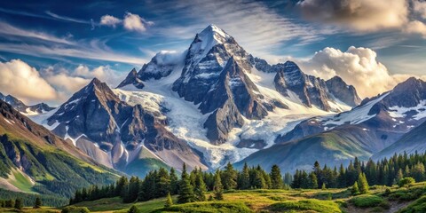 Fototapeta premium Mountain landscape with snow-covered peak, rugged terrain, and serene atmosphere