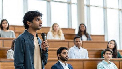 Indian Student Participating in Debate – A student confidently speaking in a debate competition in school or college.

