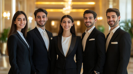 A team of five hotel staff, three women and two men, wearing elegant uniforms, standing in a luxurious hotel lobby with golden lighting in the background. Their warm and welcoming expressions make the