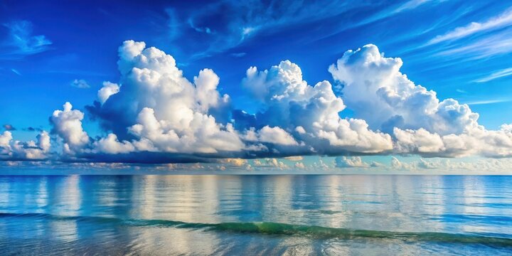 Soft, white clouds drift lazily above the vast expanse of a serene blue ocean surface, with gentle waves rolling in softly towards the shore , cloudy blue sky, peaceful atmosphere