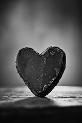 A heart made of stone sits on a table. The stone heart is black and has a frosty appearance. Concept of loneliness and longing, as the stone heart is a symbol of love and affection