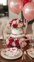Fototapeta premium Romantic Valentine's Day Celebration with Elegant Table Setting and Floral Decor