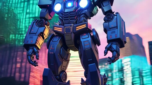 A robot is standing in front of a city. The robot is blue and has a purple background