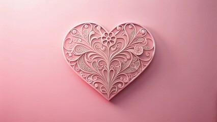 Fototapeta premium A delicate pink paper Valentine's Day heart with intricate patterns and subtle textures, on a soft pastel pink background , romantic decor, everyday love