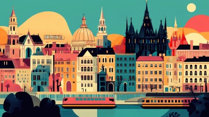 Hungary Budapest old city street view retro poster with abstract shapes of landmarks, houses and card. Vintage capital travel vector illustration