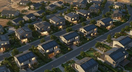 Modern eco-friendly residential neighborhood with solar panels on the roofs of the houses. Alternative renewable green energy concept