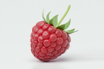 A single, ripe raspberry with green stem and leaves, isolated on a white background.