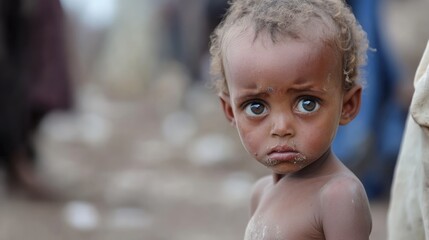 Hungry starving poor little child looking at the camera in Ethiopia