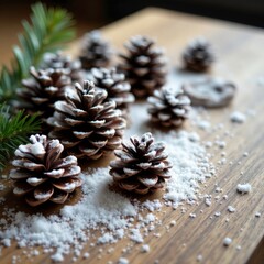 Snow-covered pinecones scattered on a rustic wooden coffee table, seasonal decor, winter wonderland
