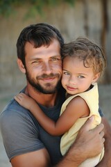 Fototapeta premium A man and a little girl are holding hands and smiling. The man is wearing a gray shirt and the girl is wearing a yellow dress. Scene is happy and warm, as the two are enjoying each other's company