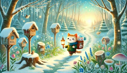 Obraz premium A Heartwarming Spring Illustration of a Cat Mail Carrier Delivering Magical Letters in a Snow-Melting Forest