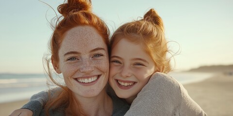 Two young girls with red hair are smiling and hugging each other on a beach. Scene is happy and joyful, as the girls are enjoying their time together