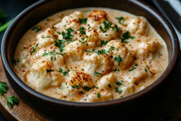 Creamy cauliflower cheese bake, close-up, dark background, food photography, recipe
