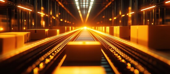 Futuristic Automated Warehouse with Conveyor Belt and Glowing Lights in a Modern Industrial Setting