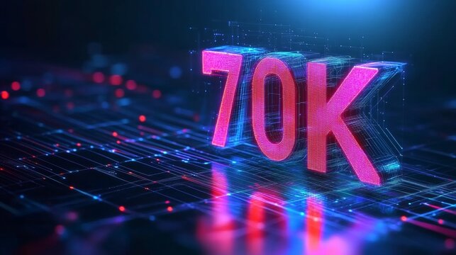 Glowing Red 70K Text Sign on 3D Rendered Futuristic Illuminated Chip Circuit Background