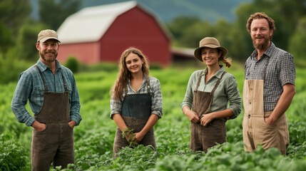 A team of four farmers, two men and two women, dressed in casual outdoor attire, standing in a lush green field with a blurred red barn in the background. Their hardworking expressions convey dedicati