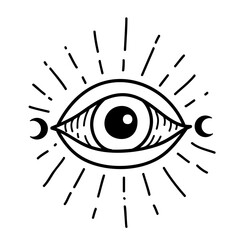 Eye boho. Lineart Vector illustration. Flower moon , Magic celestial witchcraft symbol. Masonic symbol. Hand drawn logo or emblem