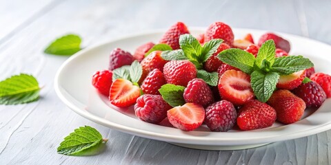 Fresh Himbeereis served with fresh strawberries and mint leaves on a white plate , dessert, fruit salad